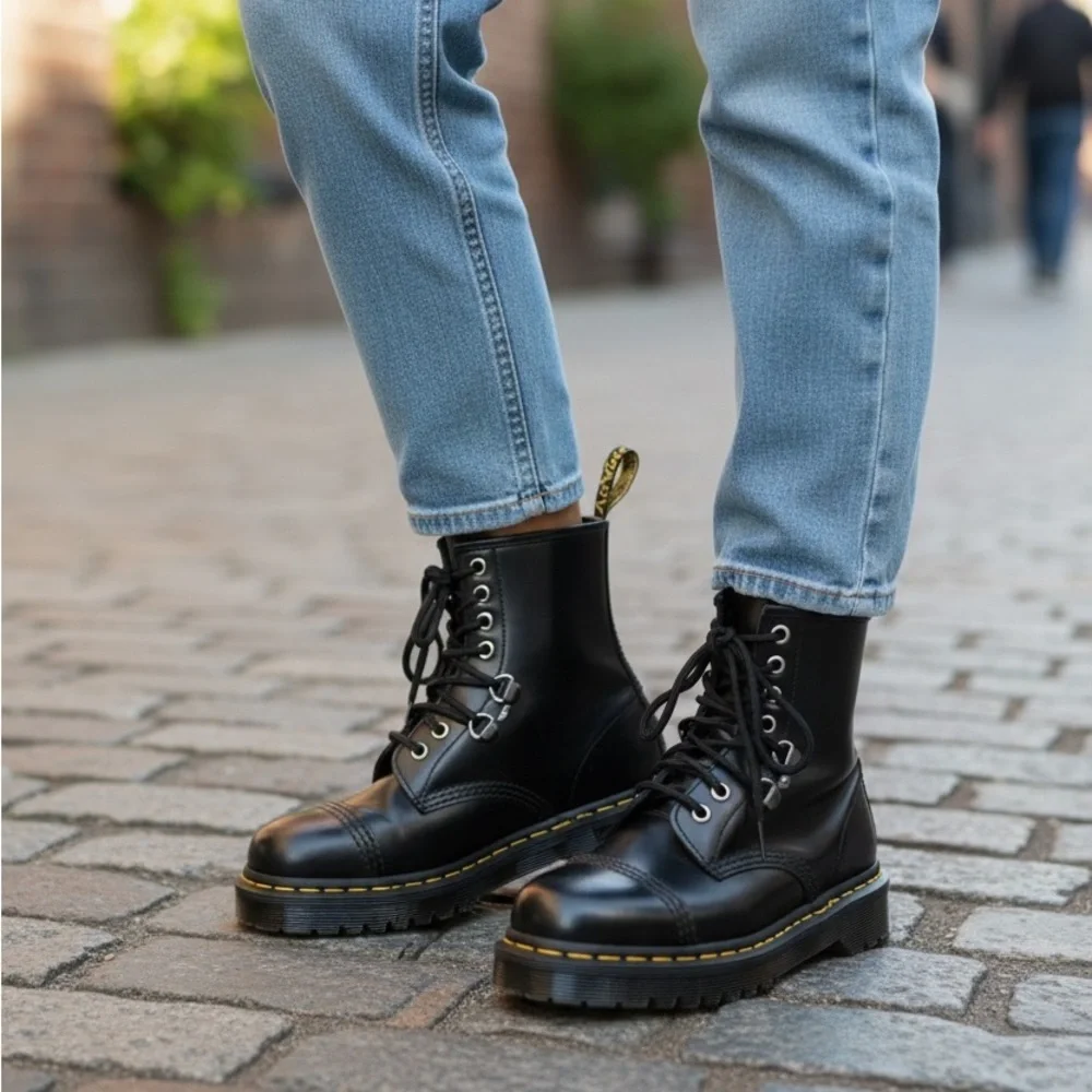 Dr. Martens 1460 Hardward Smooth Leather Black Boots with Hardware Detail. NWOB
